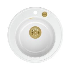 Quadri Norwich granite white round sink top-mounted with golden plug and push-to-open drain 1208967043