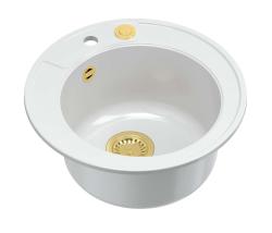 Quadri Norwich granite white round sink top-mounted with golden plug and push-to-open drain 1208967043