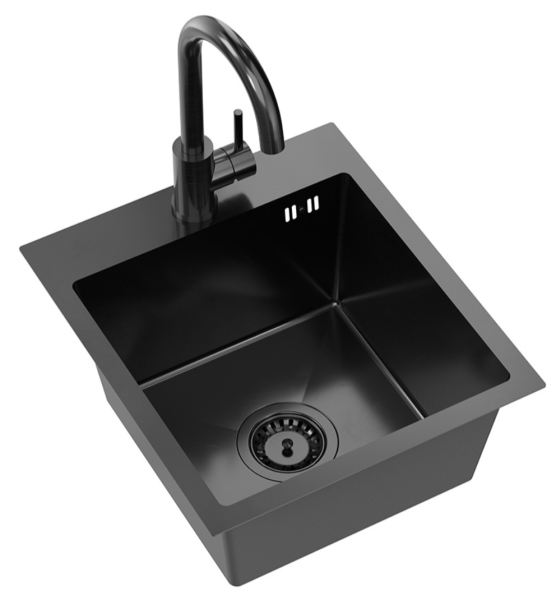 Quadri Dixton 40 set with black stainless steel sink with nano PVD 400x450 mm with tap hole top mount and Quadri Coventry kitchen faucet