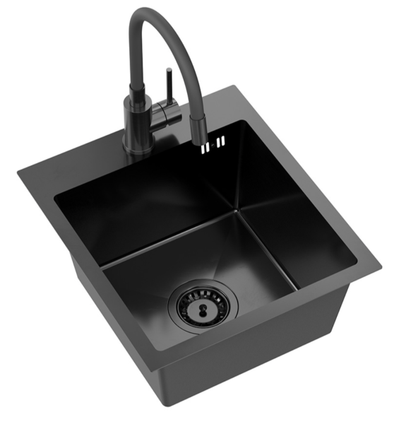 Quadri Dixton 40 set with black stainless steel sink with nano PVD coating 400x450 mm with tap hole and Quadri Bristol kitchen faucet