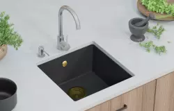 GraniteMy Universal granite black sink 40x40 cm black top-mounted undermount and flush-mount with gold plug 1208967113