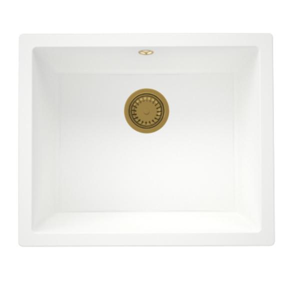 GraniteMy Universal granite white sink 50x40 cm white top-mounted, undermount and flush-mount with golden plug 1208967134