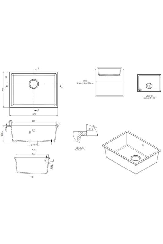 GraniteMy Universal granite white sink 55x40 cm white top-mount, undermount, and flush-mount with black plug 1208967154