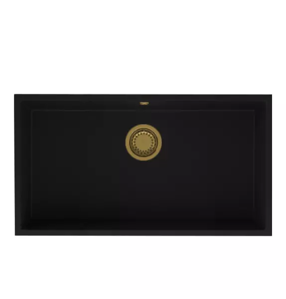 GraniteMy Universal granite large black sink 74x40 cm black top-mounted, undermount and flush-mount with golden plug 1208967158