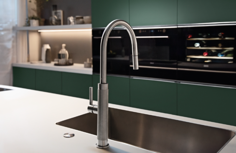 Franke Mythos Masterpiece Kitchen Faucet Stainless Steel with J-Spout and Pull-Out Spray Head - 115.0711.554