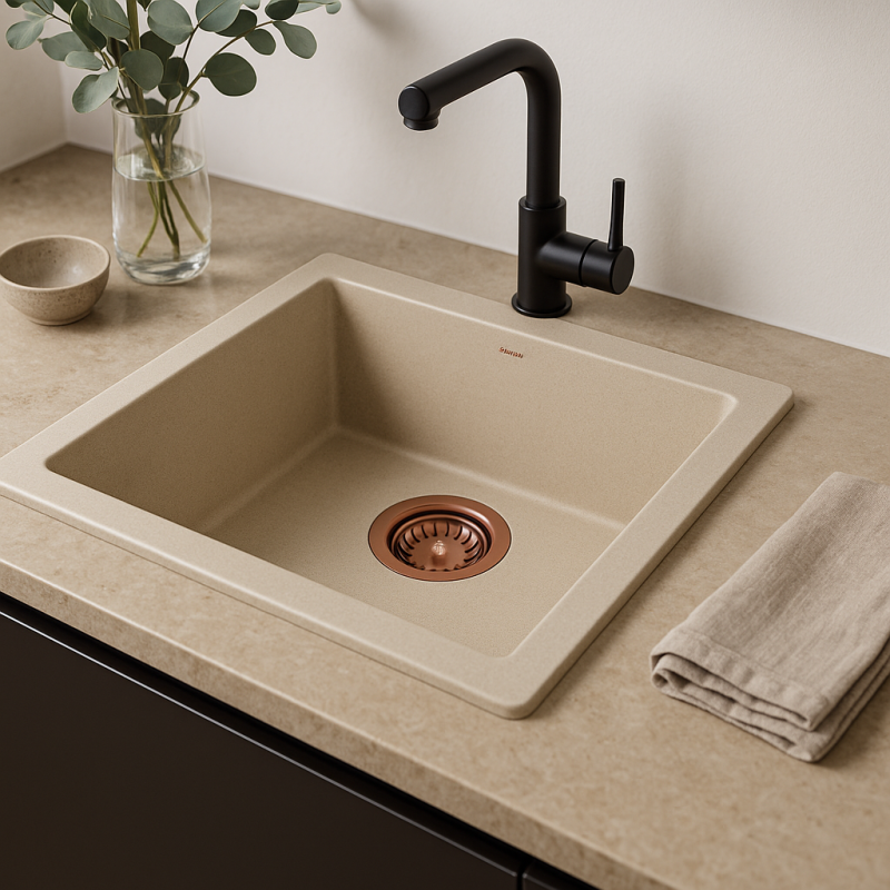 GraniteMy Universal granite beige sand sink 40x40 cm top-mounted, undermount and flush-mount with copper plug 1208967210