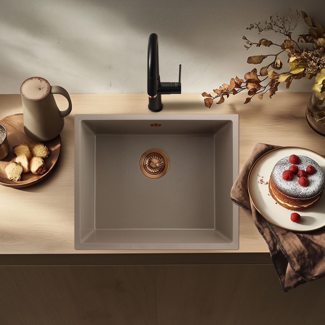 GraniteMy Universal granite taupe sink 50x40 cm top-mounted, undermount and flush-mount with copper plug 1208967225 - Productafbeelding 2