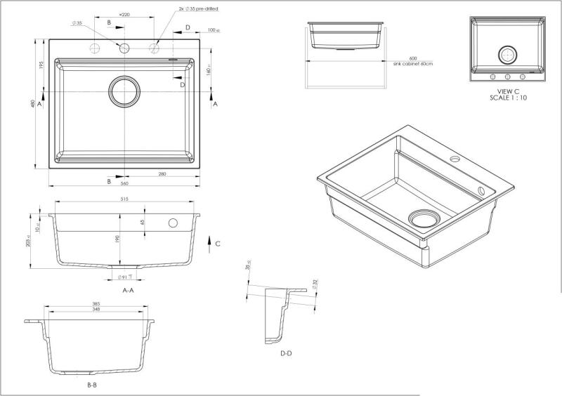 GraniteMy Steam granite sink 56x48 cm black top- mounted with stainless steel plug including accessories 1208967231