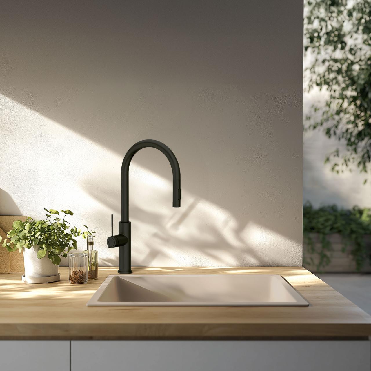 GraniteMy Universal granite beige sand sink 40x40 cm top-mounted, undermount and flush-mount with black plug 1208967232 - Productafbeelding 2