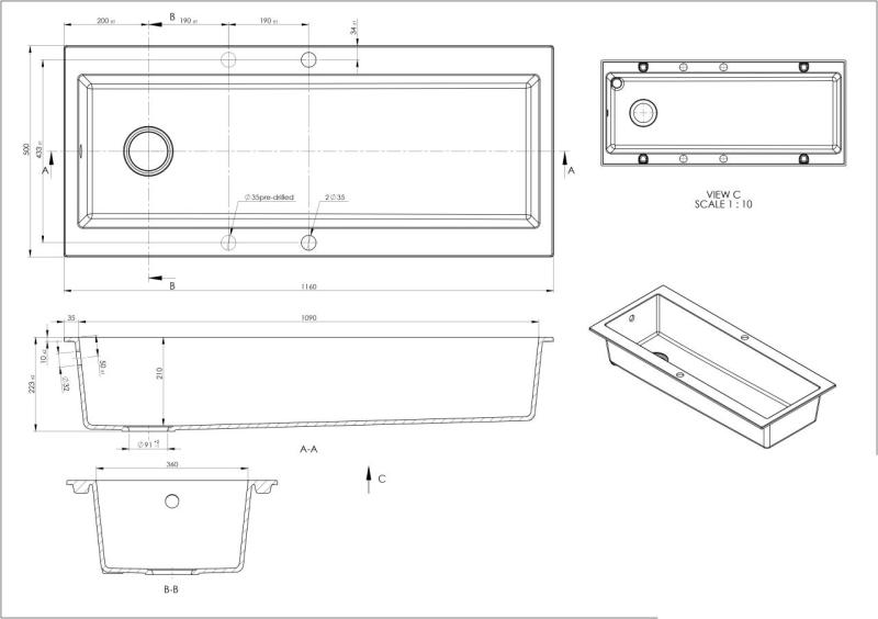 GraniteMy Trog granite very large black sink 116x50 cm black top-mounted with tap hole bench with stainless steel plug 1208967236