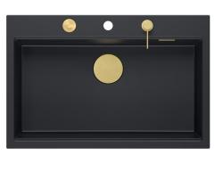 Quadri Hard Rock mat black granite inset large sink 76x50cm including golden plug and accessories 1208967277