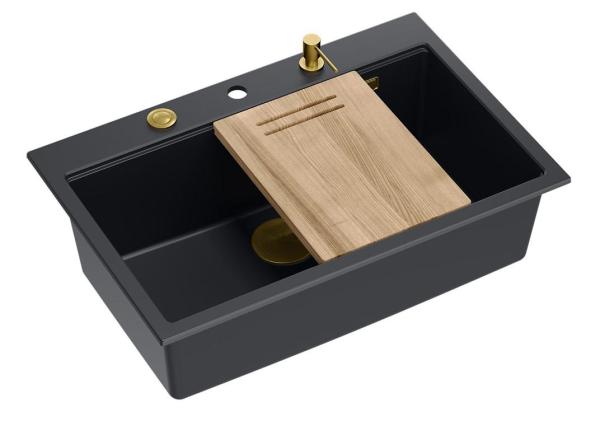 Quadri Hard Rock mat black granite inset large sink 76x50cm including golden plug and accessories 1208967277