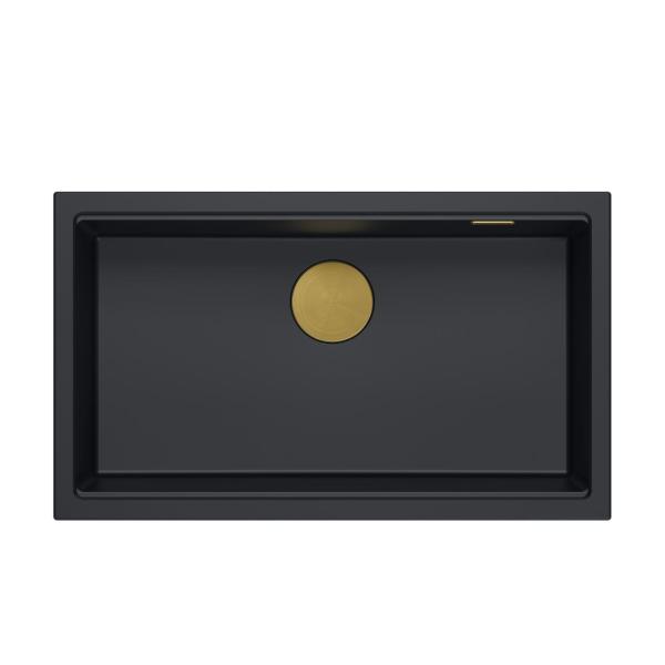 Quadri Newport II black granite inset and undermount sink with manual siphon 76x45cm with gold plug 1208967307