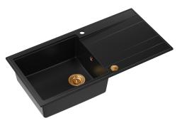 Quadri Luton black granite Inset Kitchen Sink with draining board reversible 100x50cm with copper plug 1208967316