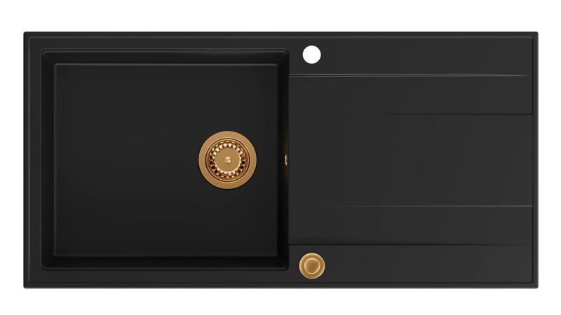 Quadri Luton black granite Inset Kitchen Sink with draining board reversible 100x50cm with copper plug 1208967316