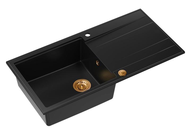 Quadri Luton black granite Inset Kitchen Sink with draining board reversible 100x50cm with copper plug 1208967316