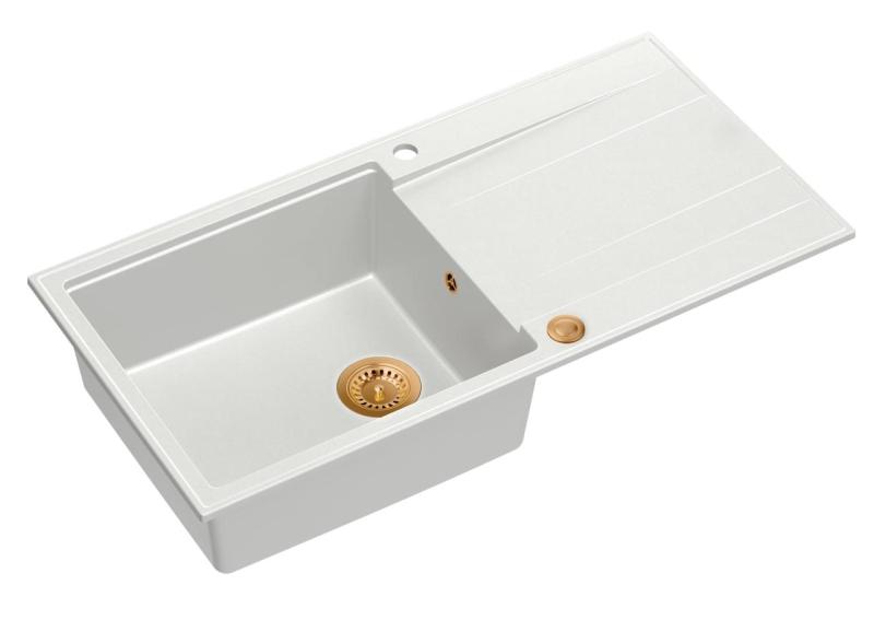 Quadri Luton white granite Inset Kitchen Sink with draining board reversible 100x50cm with copper plug 1208967318
