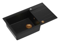 Quadri Luton black granite large Inset Kitchen Sink with draining board reversible 86x50cm with copper plug 1208967326