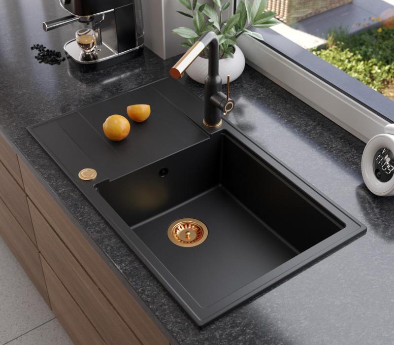 Quadri Luton black granite large Inset Kitchen Sink with draining board reversible 86x50cm with copper plug 1208967326