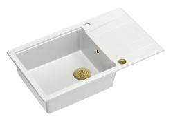 Quadri Luton witte granite large Inset Kitchen Sink with draining board reversible 86x50cm with golden plug 1208967329