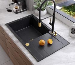 Quadri Luton anthracite granite large Inset Kitchen Sink with draining board reversible 86x50cm with golden plug 1208967334