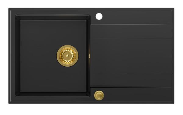 Quadri Luton black granite Inset Kitchen Sink with draining board reversible 86x50cm with golden plug 1208967336