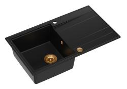 Quadri Luton black granite Inset Kitchen Sink with draining board reversible 86x50cm with copper plug 1208967337