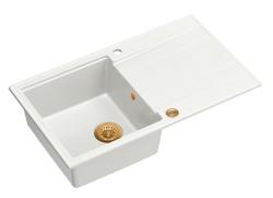 Quadri Luton white granite Inset Kitchen Sink with draining board reversible 86x50cm with copper plug 1208967339