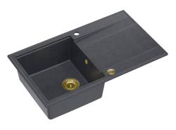 Quadri Luton anthracite granite Inset Kitchen Sink with draining board reversible 86x50cm with golden plug 1208967344