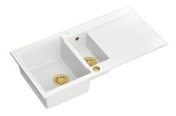 Quadri Luton white granite inset 1.5 kitchen sink with draining board reversible 100x50cm with golden plug 1208967348