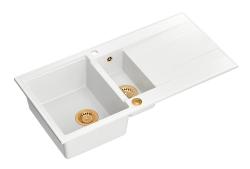 Quadri Luton white granite inset 1.5 kitchen sink with draining board reversible 100x50cm with copper plug 1208967349