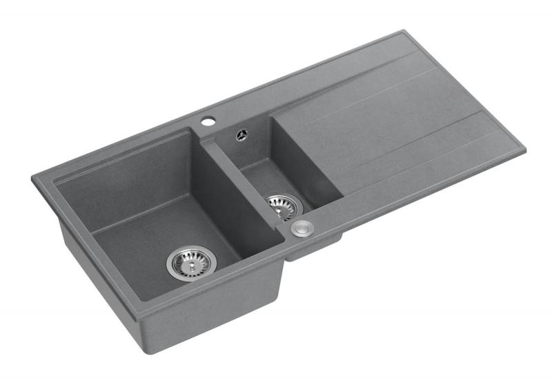Quadri Luton grey granite inset 1.5 kitchen sink with draining board reversible 100x50cm with stainless steel plug 1208967350