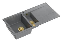 Quadri Luton grey granite inset 1.5 kitchen sink with draining board reversible 100x50cm with golden plug 1208967351