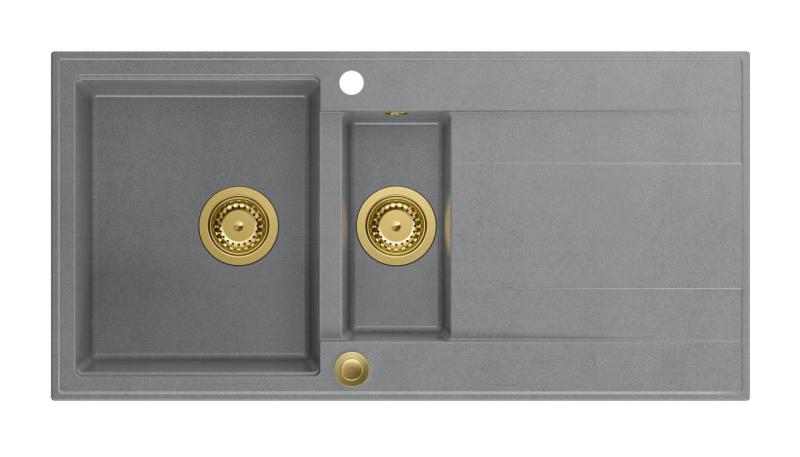 Quadri Luton grey granite inset 1.5 kitchen sink with draining board reversible 100x50cm with golden plug 1208967351