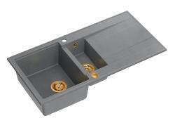 Quadri Luton grey granite inset 1.5 kitchen sink with draining board reversible 100x50cm with copper plug 1208967352