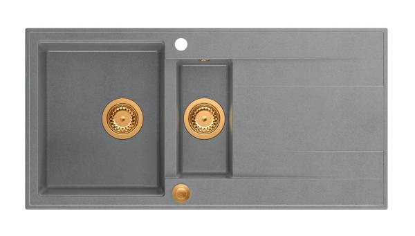 Quadri Luton grey granite inset 1.5 kitchen sink with draining board reversible 100x50cm with copper plug 1208967352