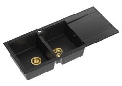 Quadri Luton black inset double granite sink with drainer, golden plug and push to open siphon116x50 cm 1208967356