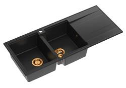 Quadri Luton black inset double granite sink with drainer, copper plug and push to open siphon116x50 cm 1208967357