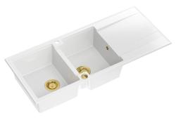 Quadri Luton white inset double granite sink with drainer, golden plug and push to open siphon 116x50 cm 1208967358