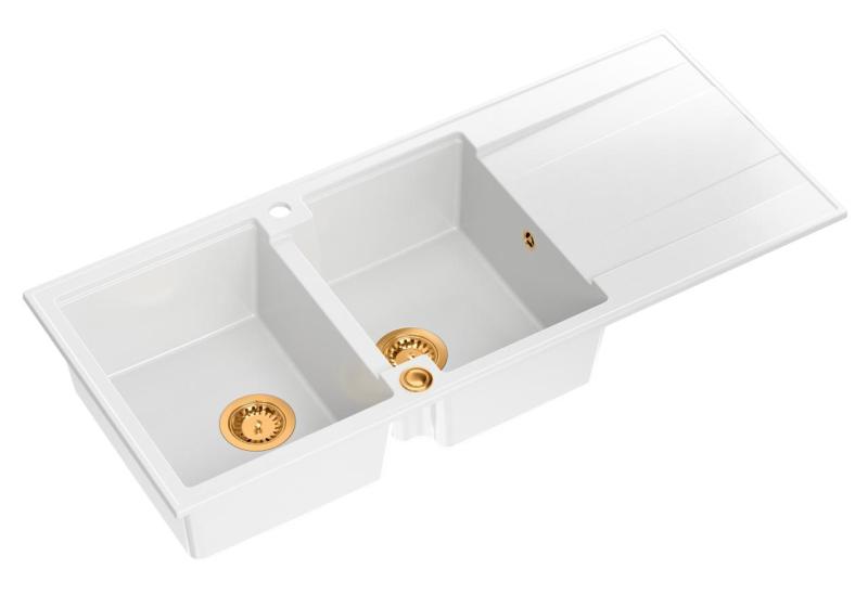 Quadri Luton white inset double granite sink with drainer, copper plug and push to open siphon 116x50 cm 1208967359