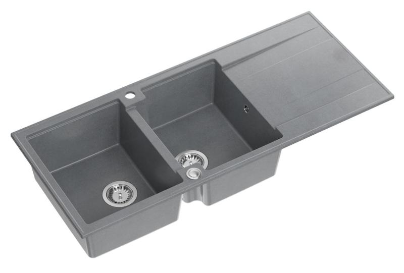 Quadri Luton grey inset double granite sink with drainer, stainless steel plug and push to open siphon 116x50 cm 1208967360