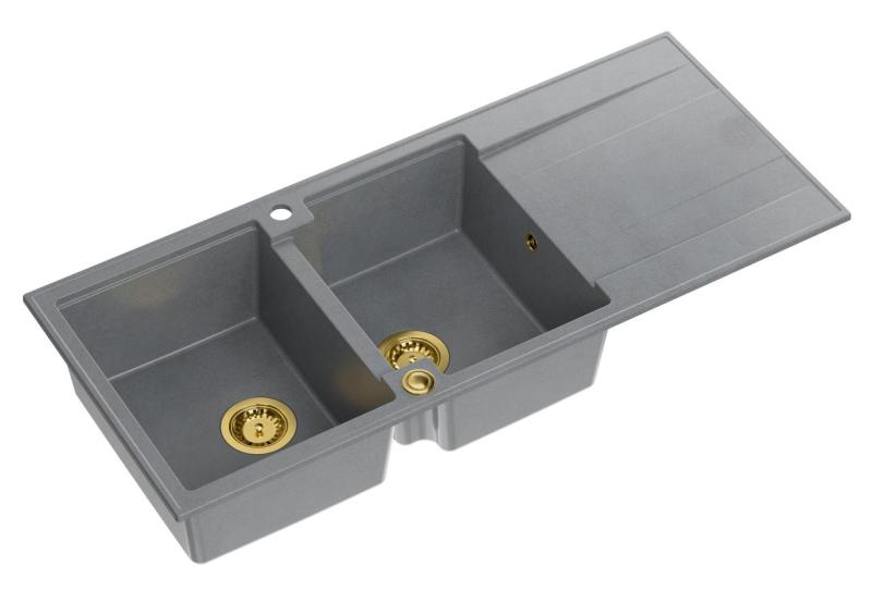 Quadri Luton grey inset double granite sink with drainer, golden plug and push to open siphon 116x50 cm 1208967361