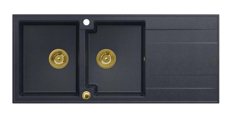 Quadri Luton anthracite inset double granite sink with drainer, golden plug and push to open siphon 116x50 cm 1208967364