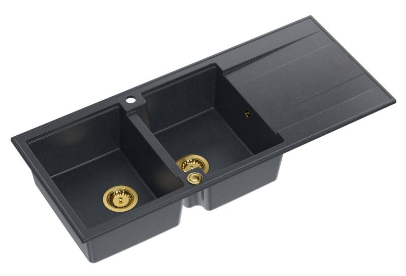 Quadri Luton anthracite inset double granite sink with drainer, golden plug and push to open siphon 116x50 cm 1208967364