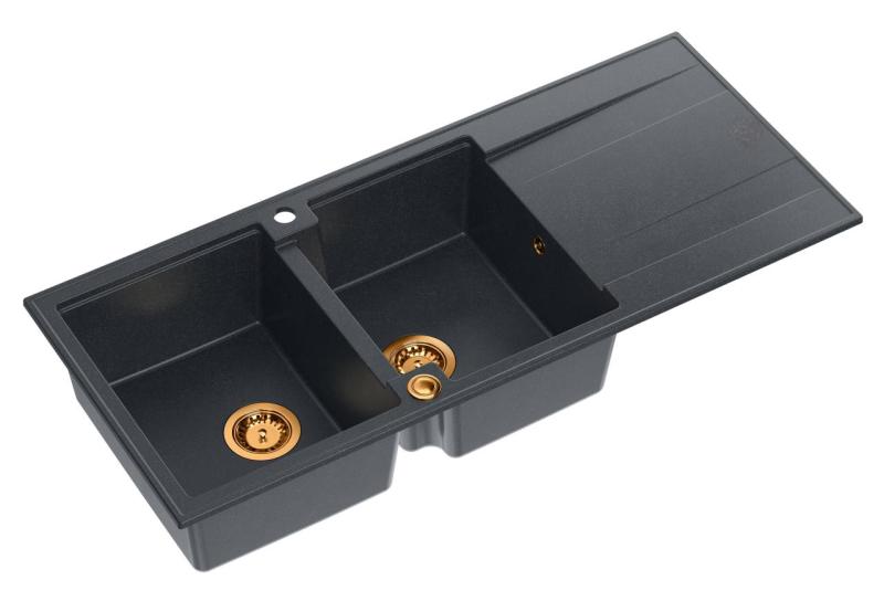 Quadri Luton anthracite inset double granite sink with drainer, copper plug and push to open siphon 116x50 cm 1208967365