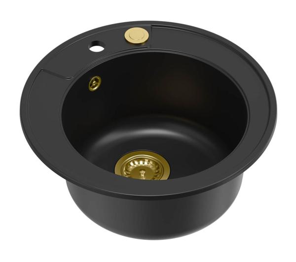 Quadri Norwich granite black round sink top-mounted with golden plug and push-to-open drain 1208967368