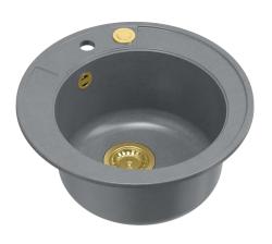 Quadri Norwich granite grey round sink top-mounted with golden plug and push-to-open drain 1208967371