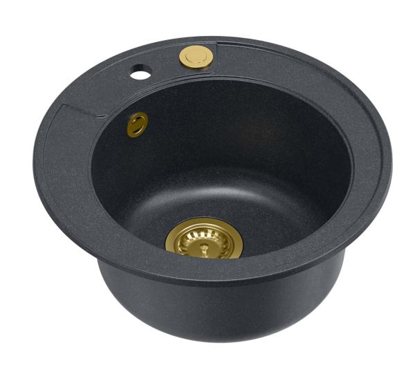 Quadri Norwich granite anthracite round sink top-mounted with golden plug and push-to-open drain 1208967374