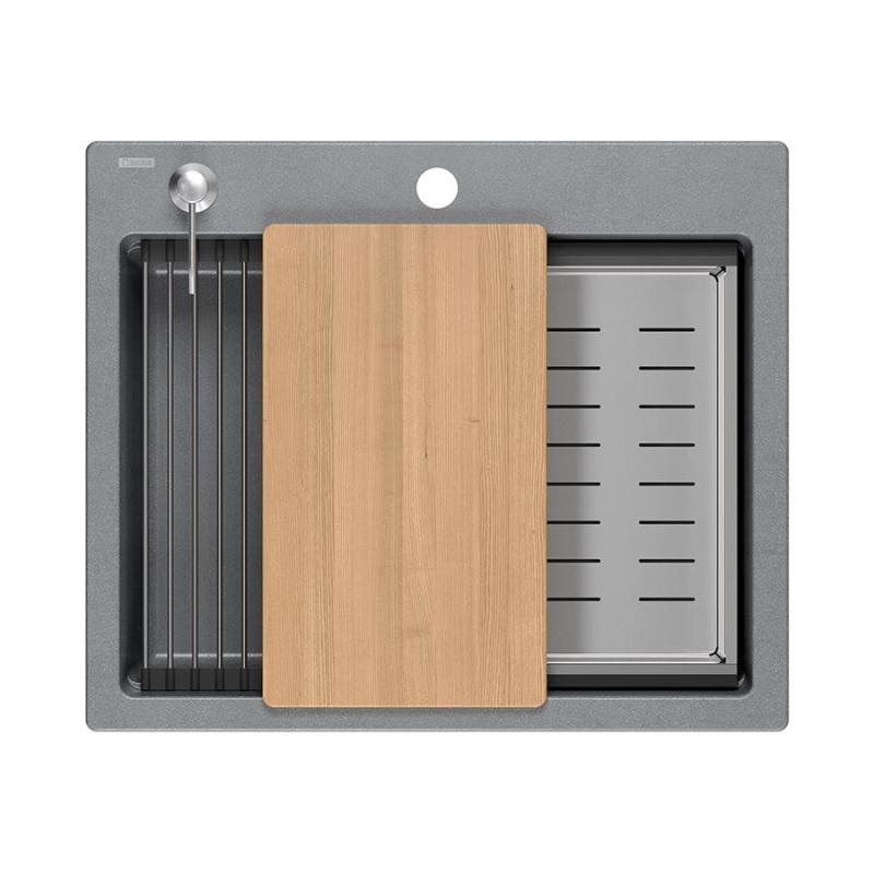 Quadri Durham gray granite built-in sink 595x500 with soap dispenser, cutting board, insert sink and roll mat 1208967378