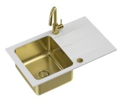 Quadri Fusion set with kitchentap and inset golden sink with white granite drainer 78x48 reversible 1208967389